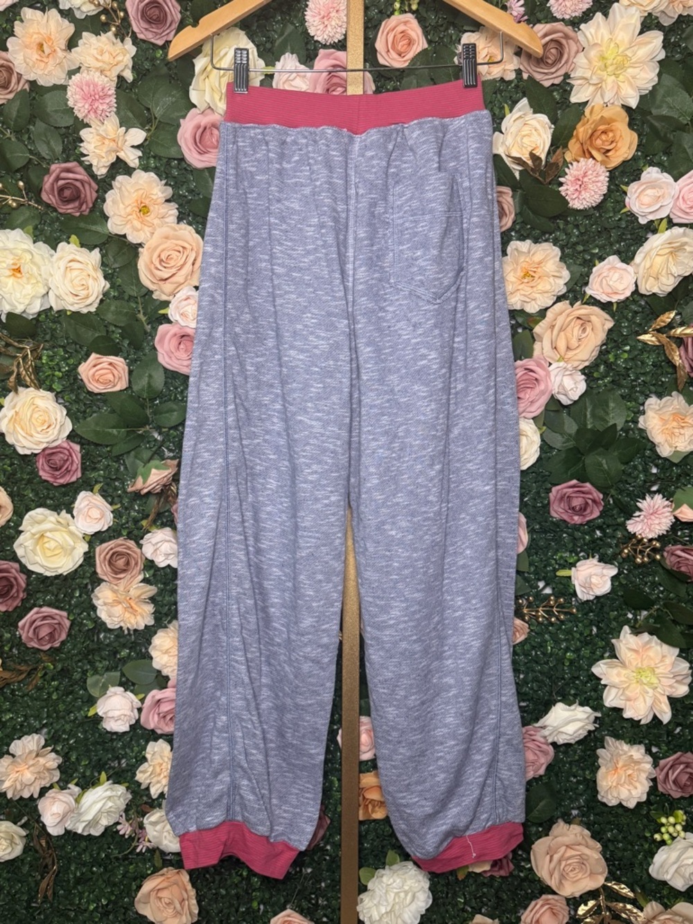 Free People Heathered BlueJoggers with Pink/Brown Striped Waistband & Cuffs